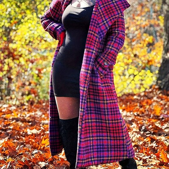 Long Lined Plaid Winter Coat - Houndstooth Thick Outerwear with Pockets - Picture 5 of 5